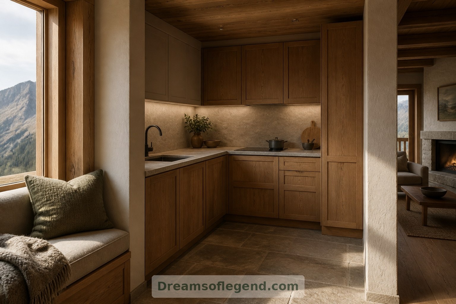 Closed cupboards and a continuous worktop keep the fictional kitchen visually calm.