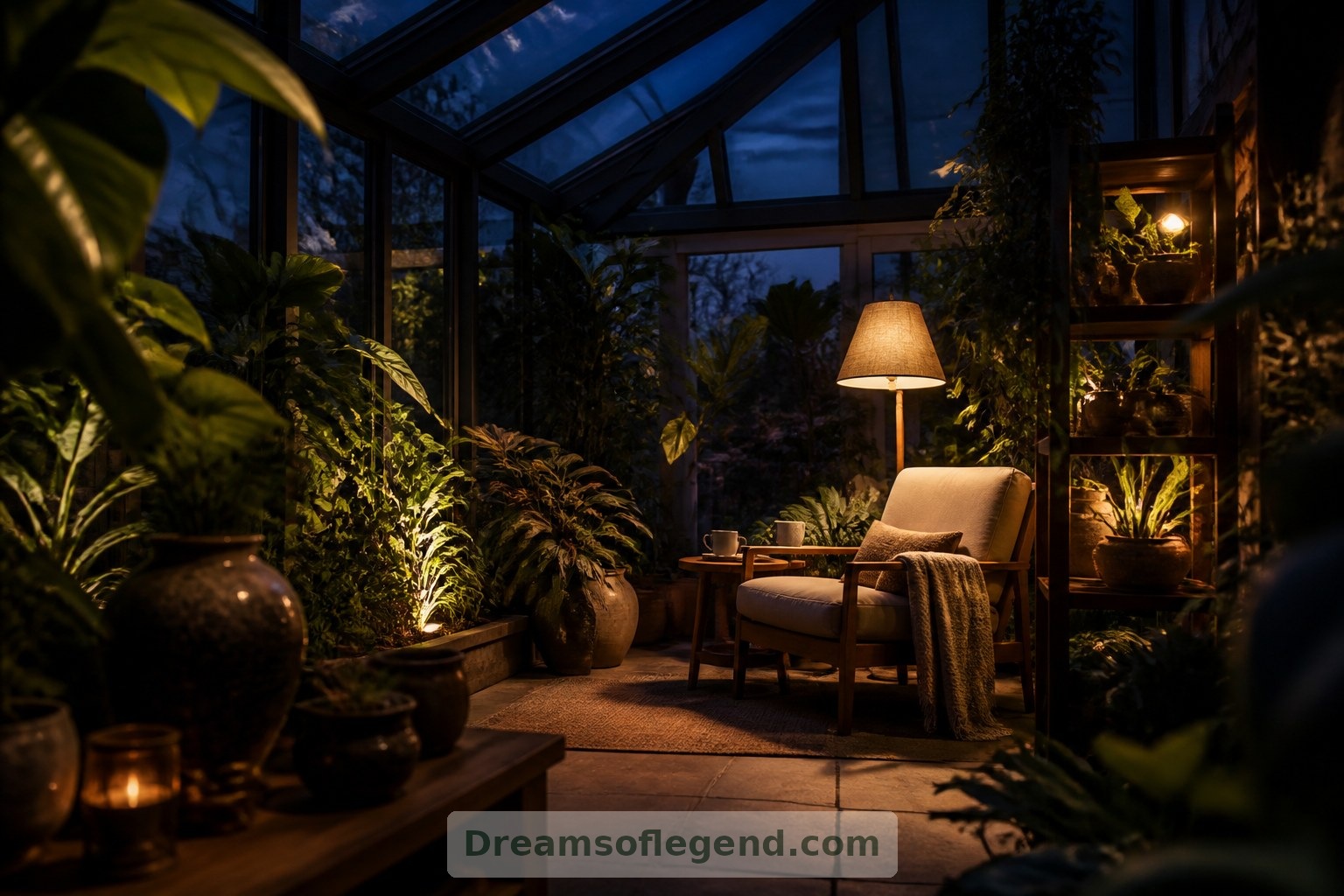 Localized evening lighting gives seating and selected foliage a gentle glow without brightly illuminating the glass roof.