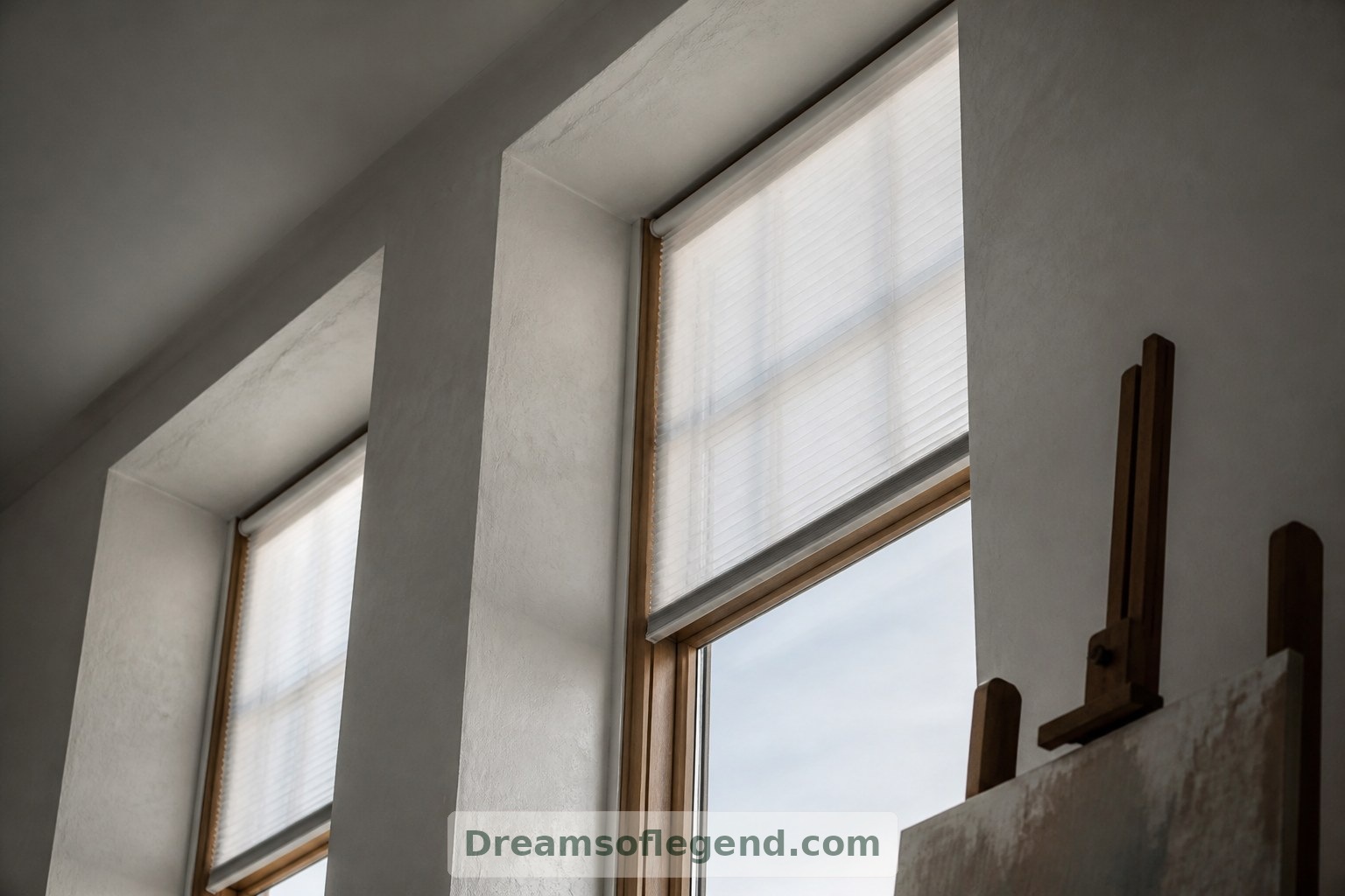 Translucent blinds soften the daylight around the studio’s deep-set, timber-framed windows.