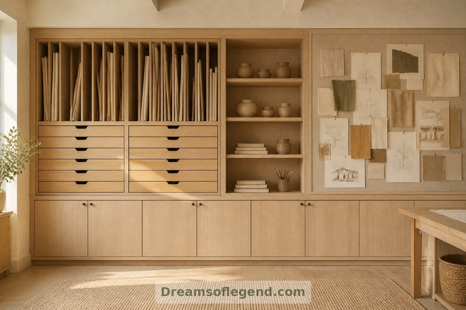 Flat files, canvas slots and task-based shelving give different materials their own useful places.