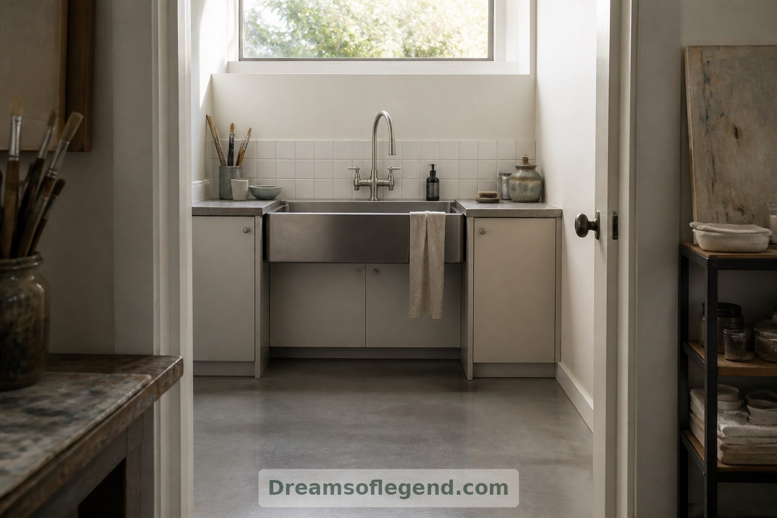A separate wash-up room keeps routine wet work away from paper, books and upholstered seating.