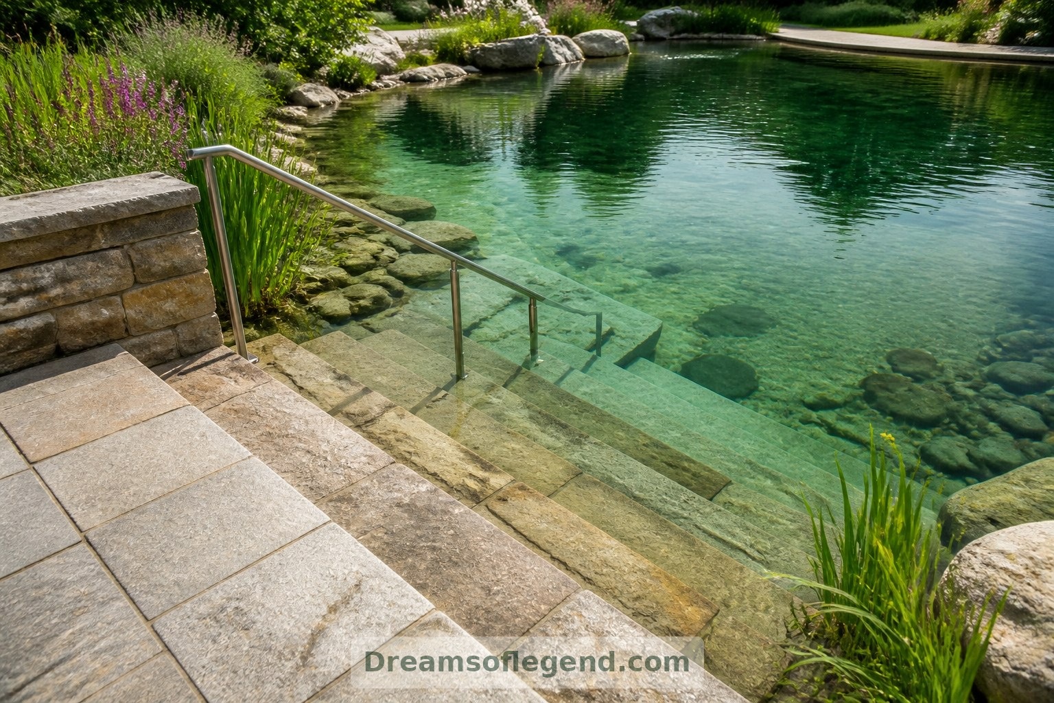 Broad steps and a discreet handrail make the imagined pond entrance easy to understand.