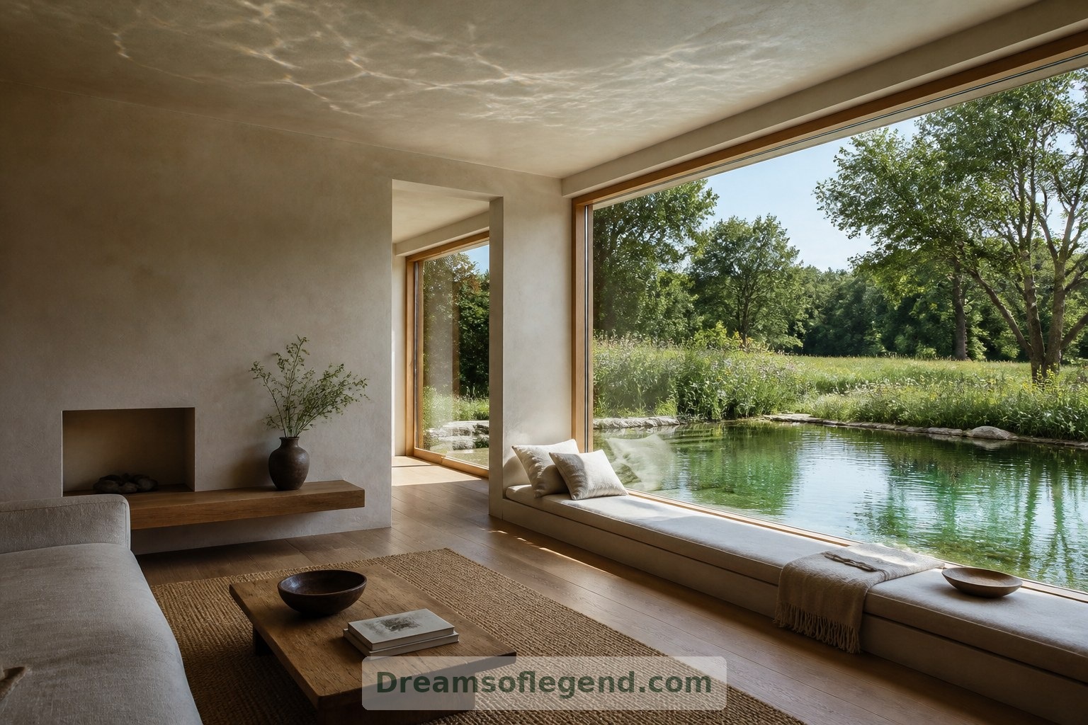 A window seat turns the pond into part of daily life inside the home.