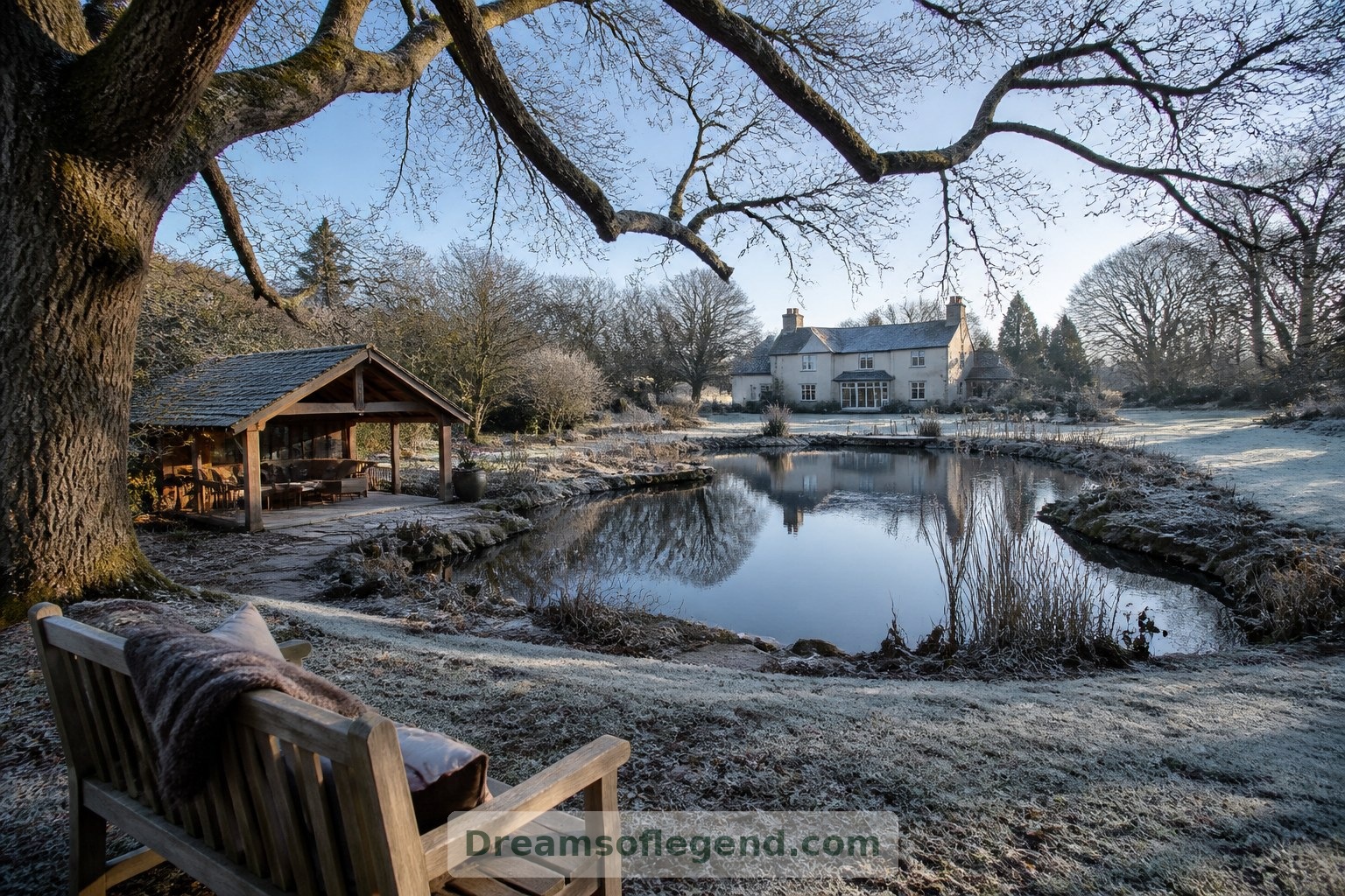 In winter, the imagined pond remains a reflective focus for the garden, even without swimming.