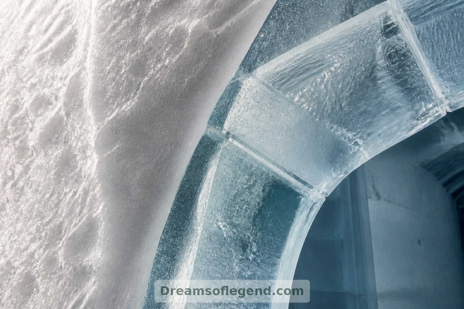 Conceptual material detail: opaque snow contrasts with clearer ice, where bubbles and carving marks remain visible.