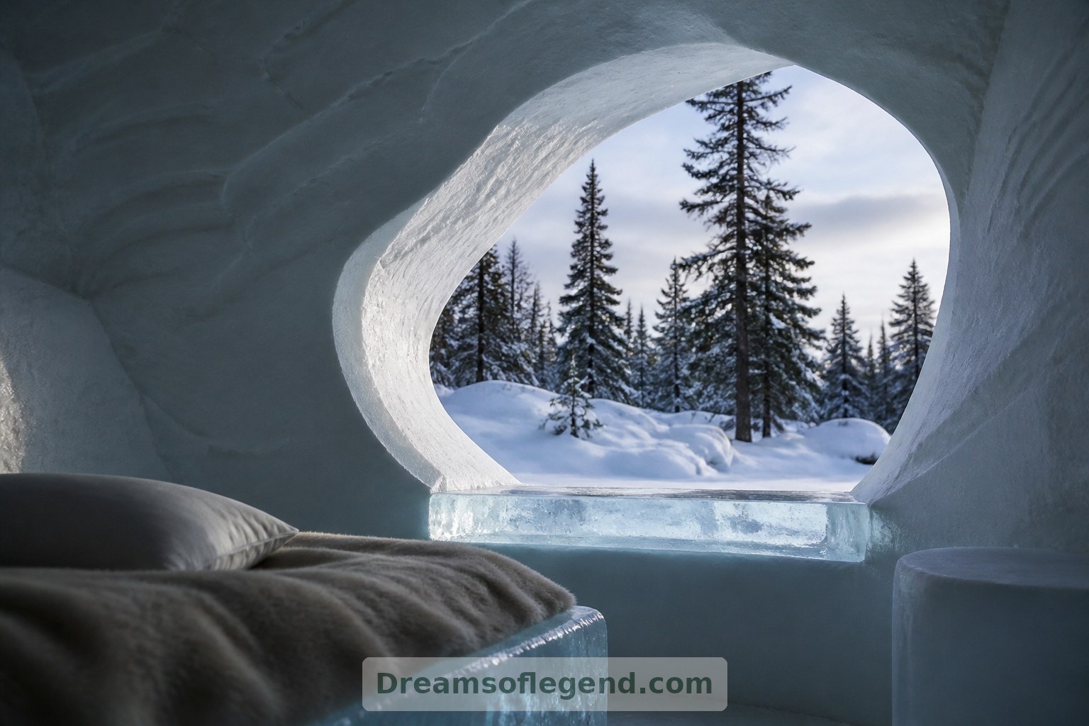 Conceptual framed view: a deep sculpted opening makes the winter landscape part of the imagined interior.