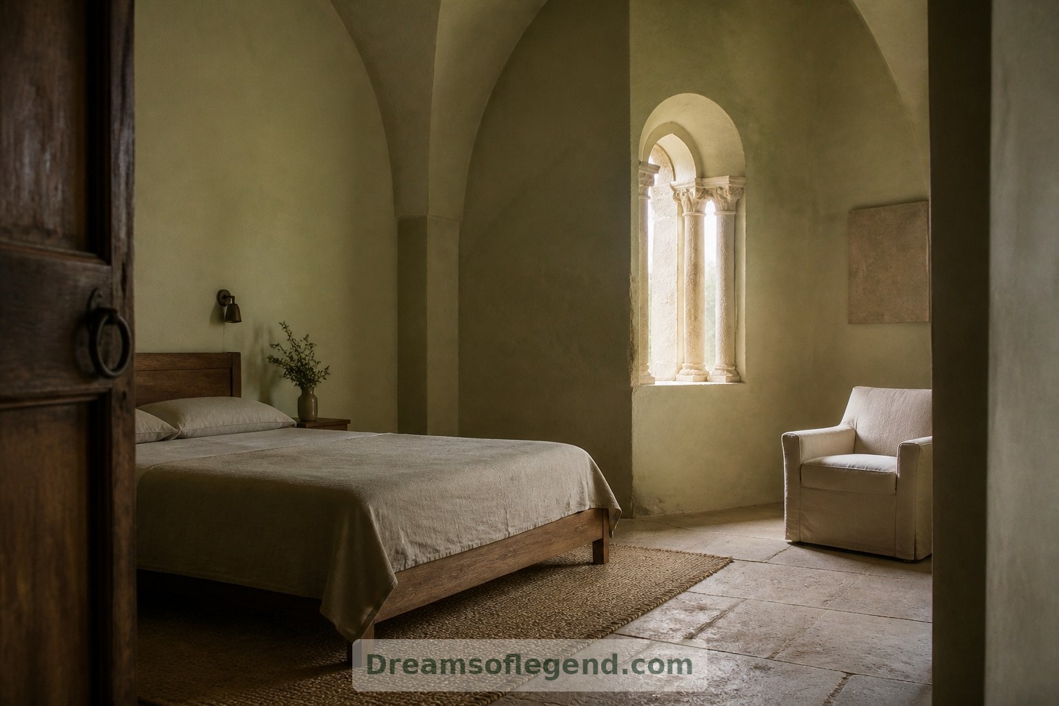 An imagined guest room pairs simple furniture with tactile materials, leaving the architecture room to breathe.