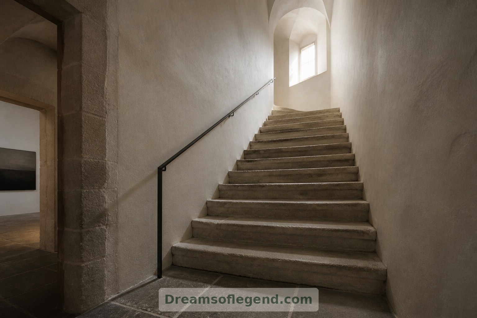 In this imagined staircase, restrained lighting and a simple handrail leave the worn stone visually prominent.