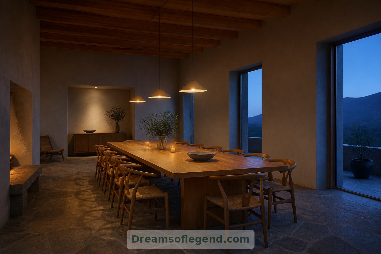 An imagined dining room brings domestic warmth to a communal setting through oak, comfortable seating and gentle light.