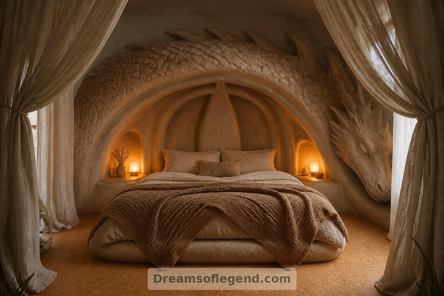 Linen curtains and cork flooring soften the bedroom within the dragon’s imagined inner chamber.