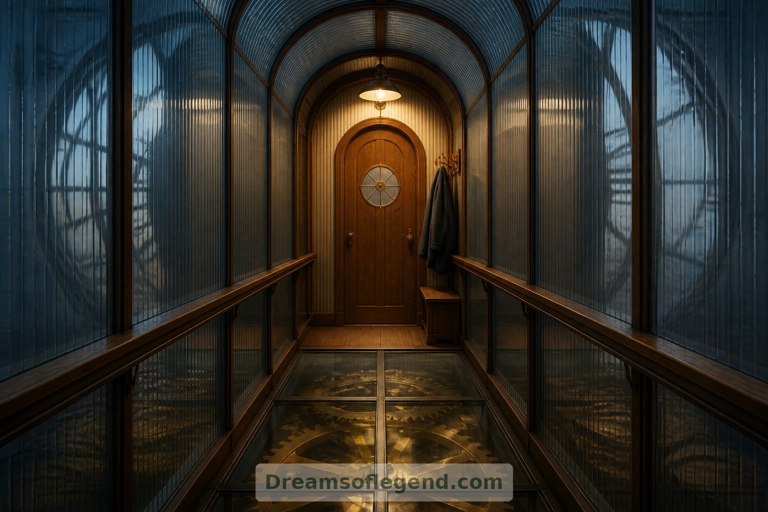 A glass-enclosed entrance bridge separates the fictional home’s welcoming oak doorway from the machinery below.