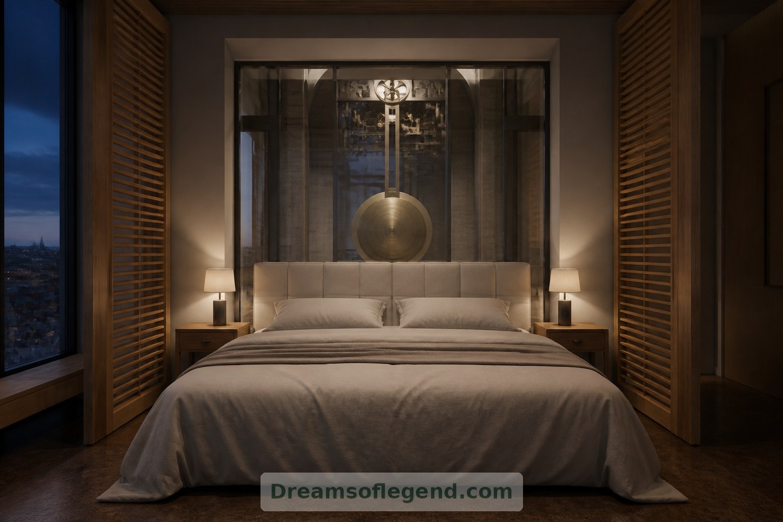 Timber shutters allow the imagined bedroom to open toward the pendulum chamber or retreat into privacy.
