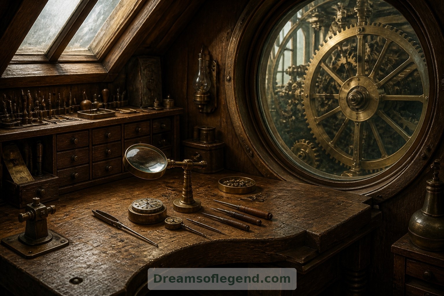 The walnut workbench contrasts the clockmaker’s delicate tools with the enormous mechanism beyond the window.