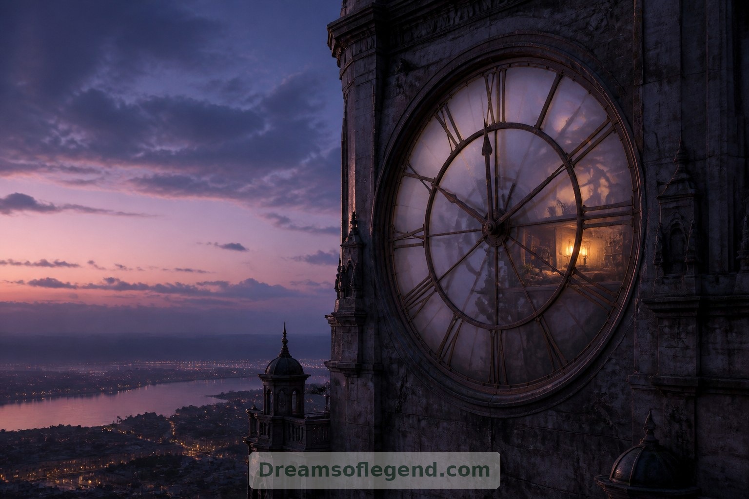 An imagined dusk exterior shows the apartment glowing within the clock face; this is a fictional home, not a visitable destination.