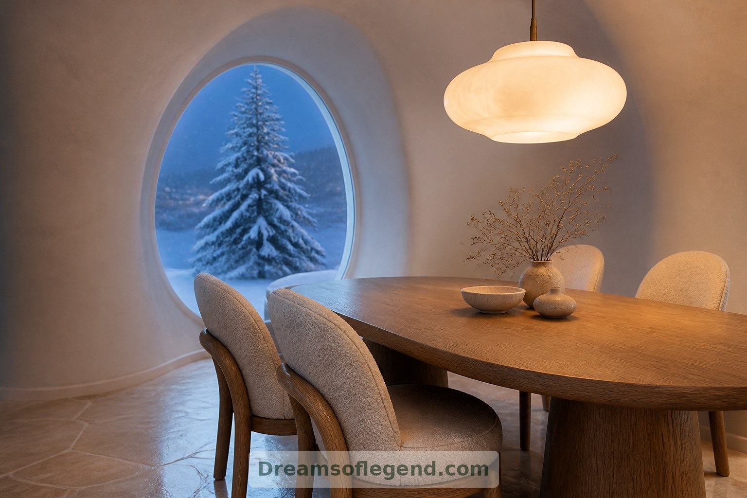 The dining nook frames a single snowy tree, keeping the small room’s view simple and intimate.