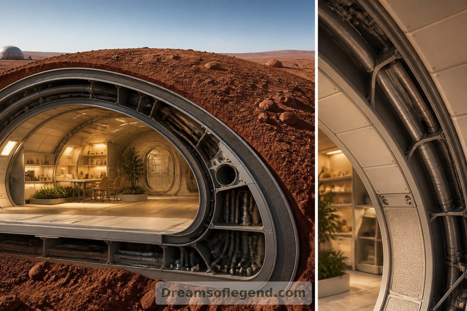 A conceptual cutaway separates the sealed structural shell from its regolith covering; actual shielding would require detailed engineering.