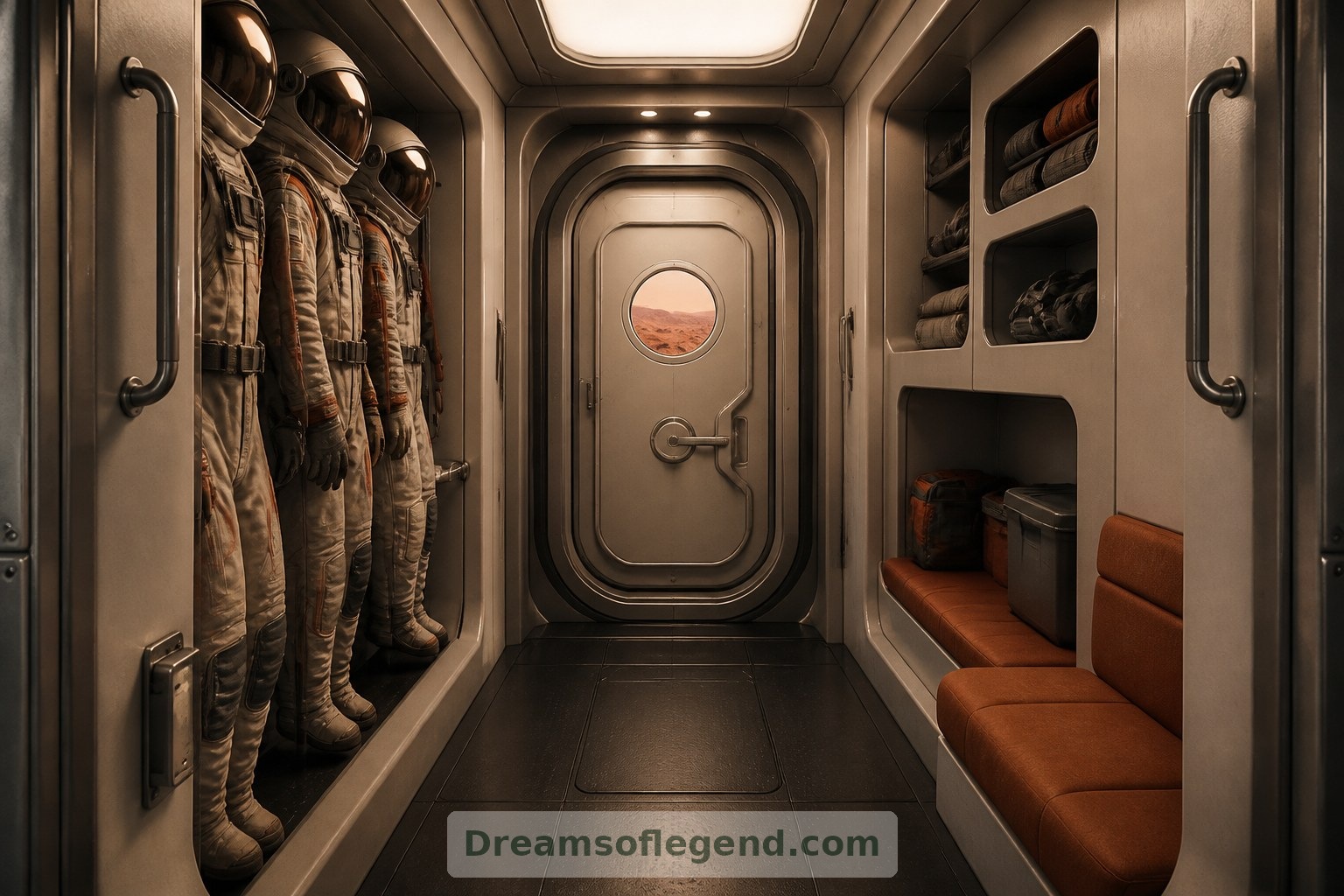 The imagined entrance places equipment storage and an airlock between dusty surface activities and clean living spaces.