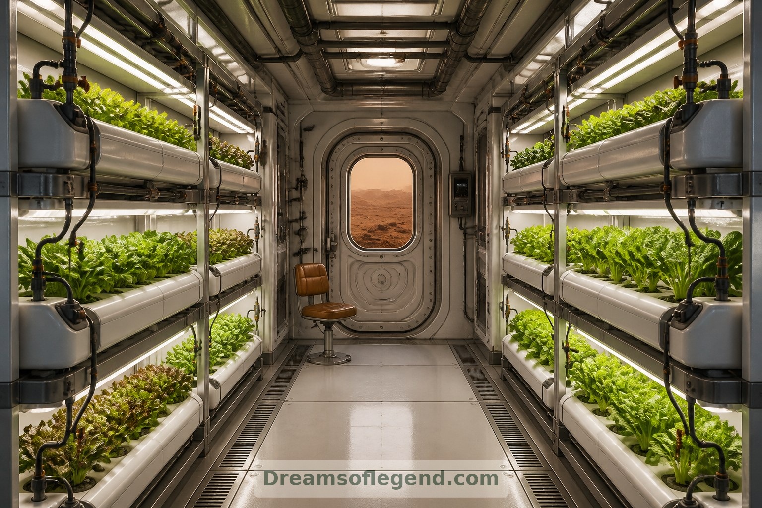 A speculative growing room combines crop cultivation with a quiet place to spend time beside living plants.