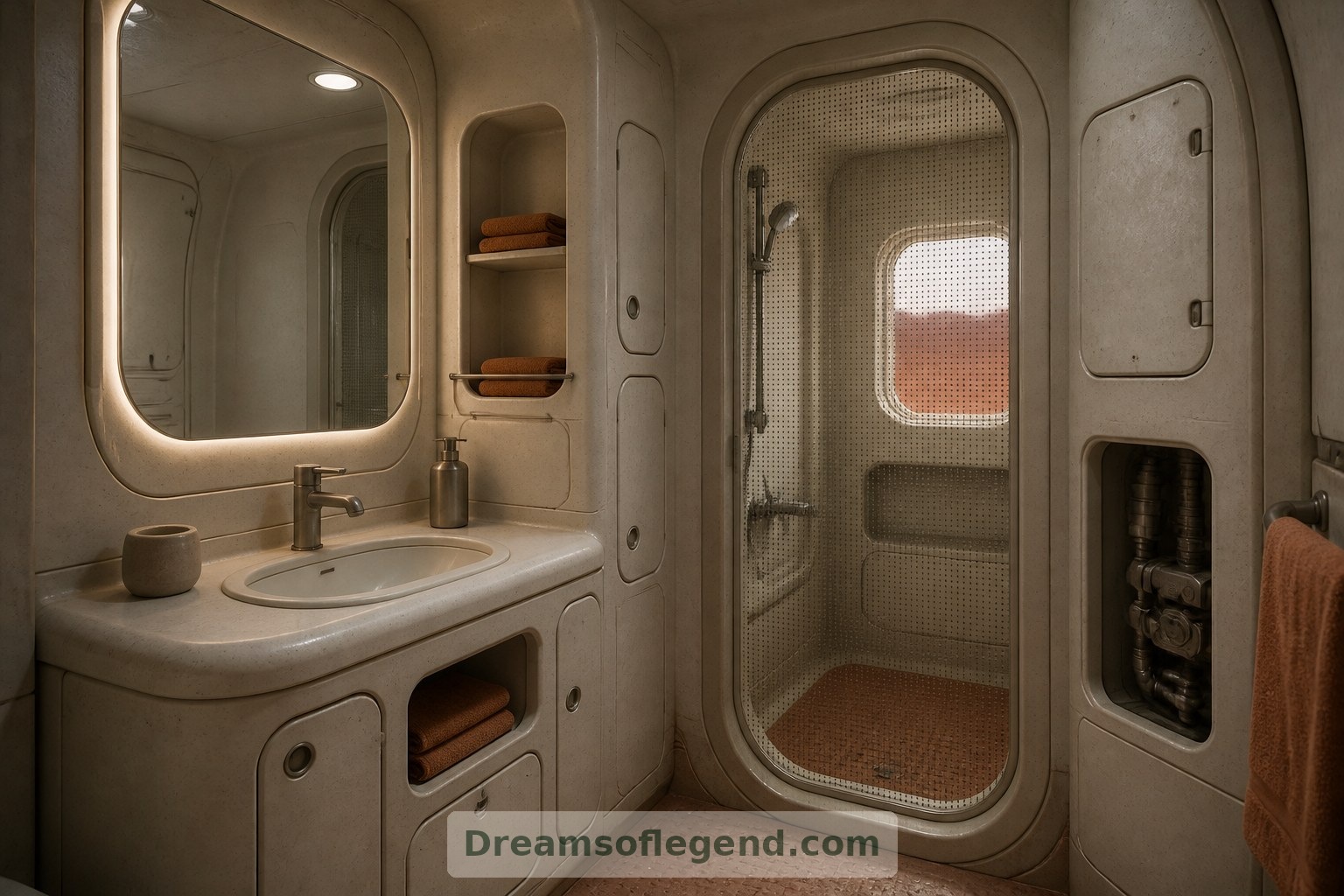 The imagined washroom gives everyday care a calm setting while leaving room for essential maintenance access.