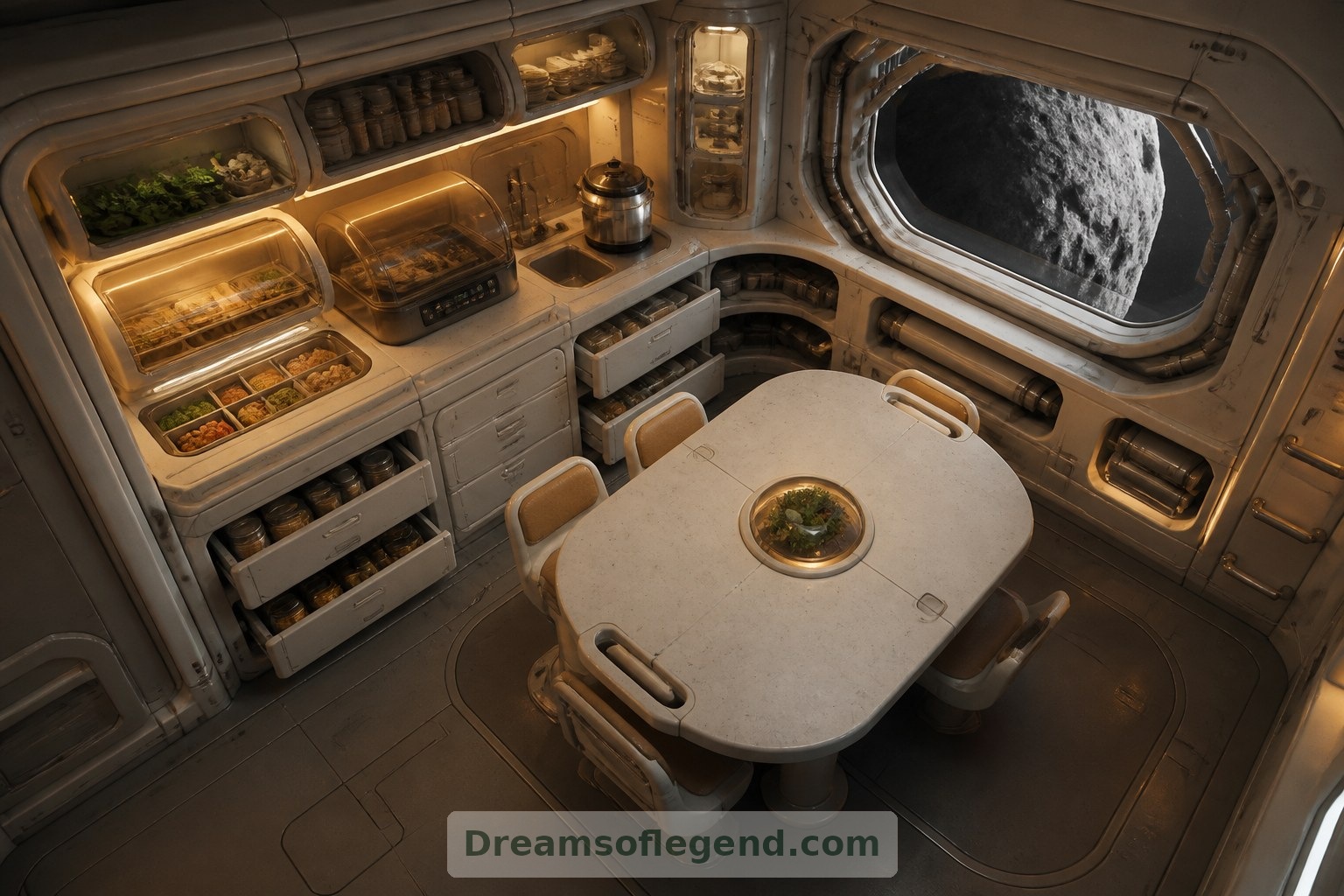 In this imagined kitchen, secured storage and enclosed equipment adapt familiar domestic rituals to an unusual environment.