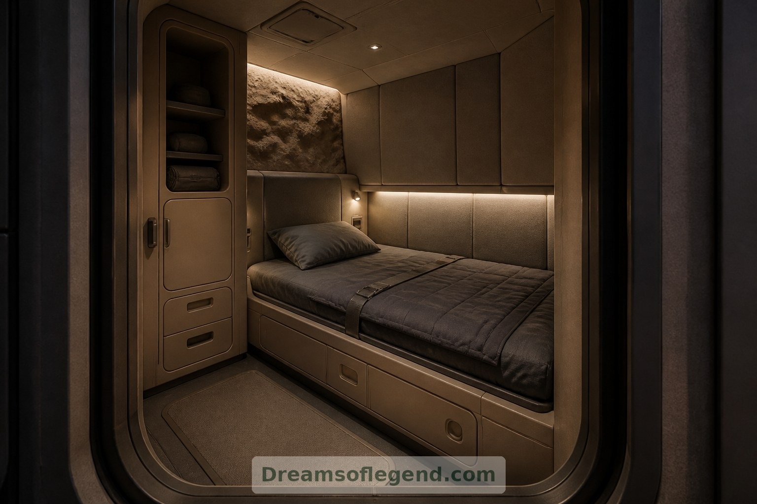 A private sleeping cabin prioritizes acoustic comfort, personal lighting and accessible building services.