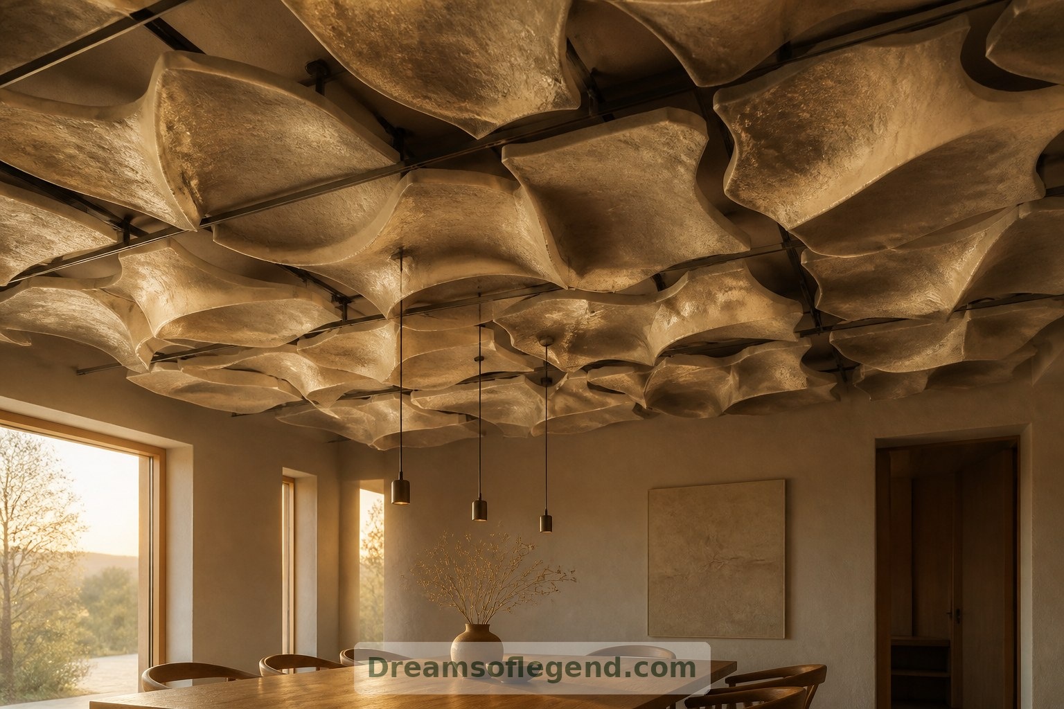 A speculative sculpted ceiling illustrates design potential, not proof of fire safety or regulatory approval.