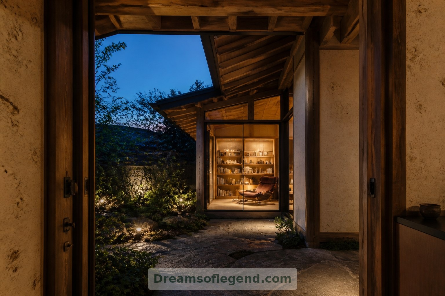 The fictional courtyard frames a quieter vision of future living: protected materials, warm interiors and maintainable details.