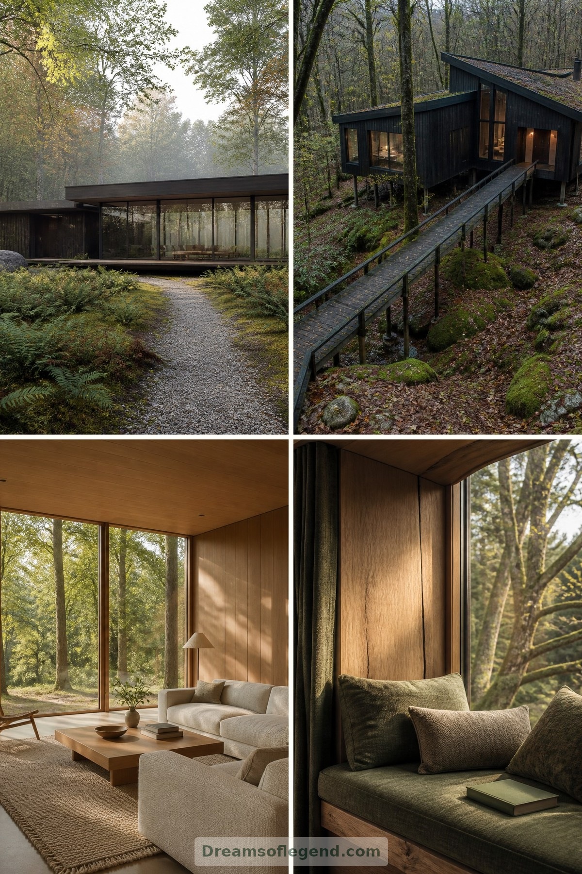 Woodland Glass Houses: Dream Homes Framed by Trees and Changing Seasons — four-image collage cover