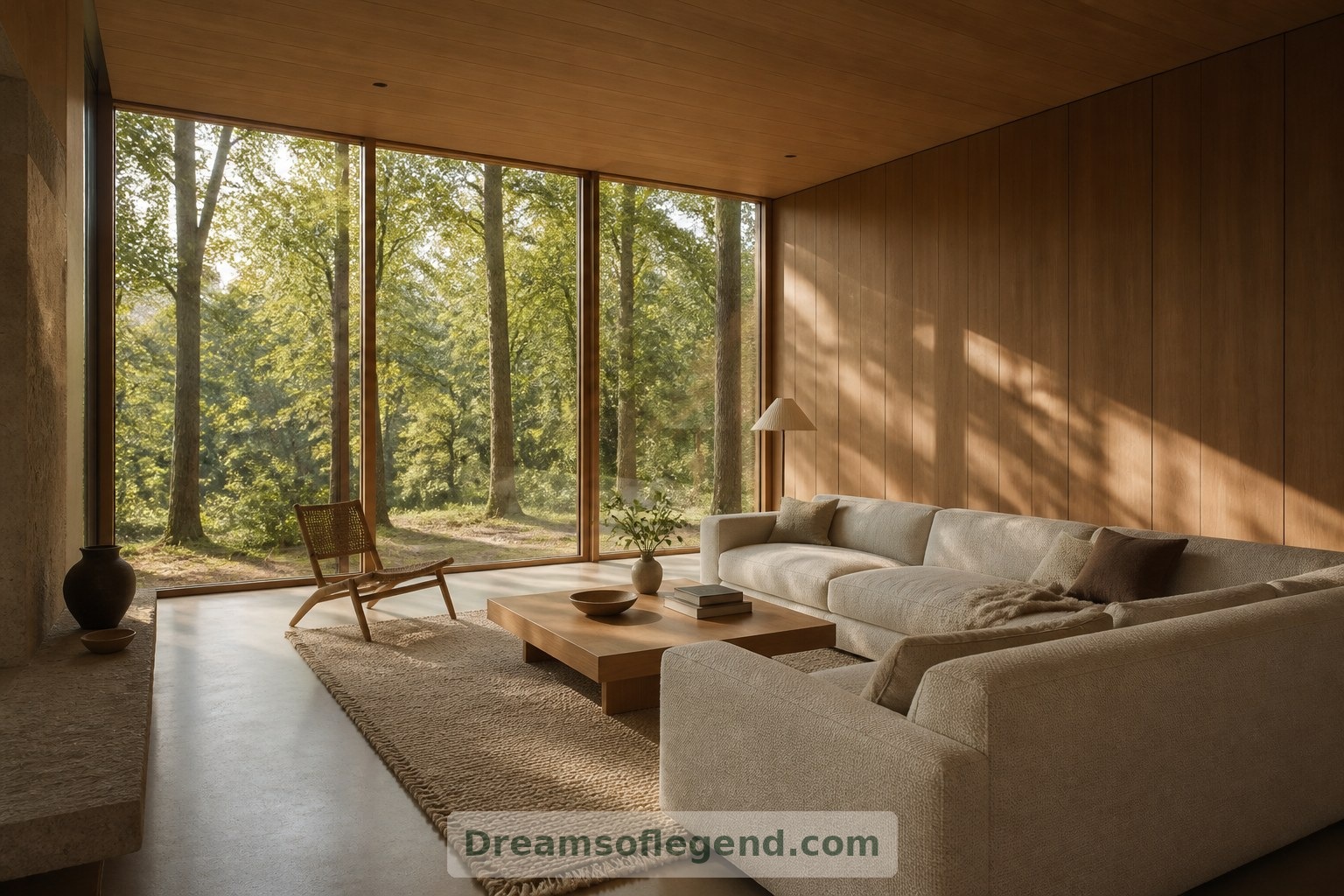 In the imagined living room, an opaque wall and tactile furnishings balance the expansive woodland view.