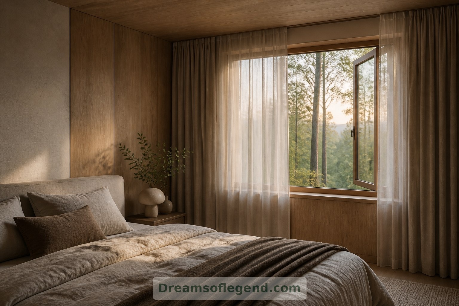 Timber side walls and layered curtains bring privacy and enclosure to the imagined bedroom.
