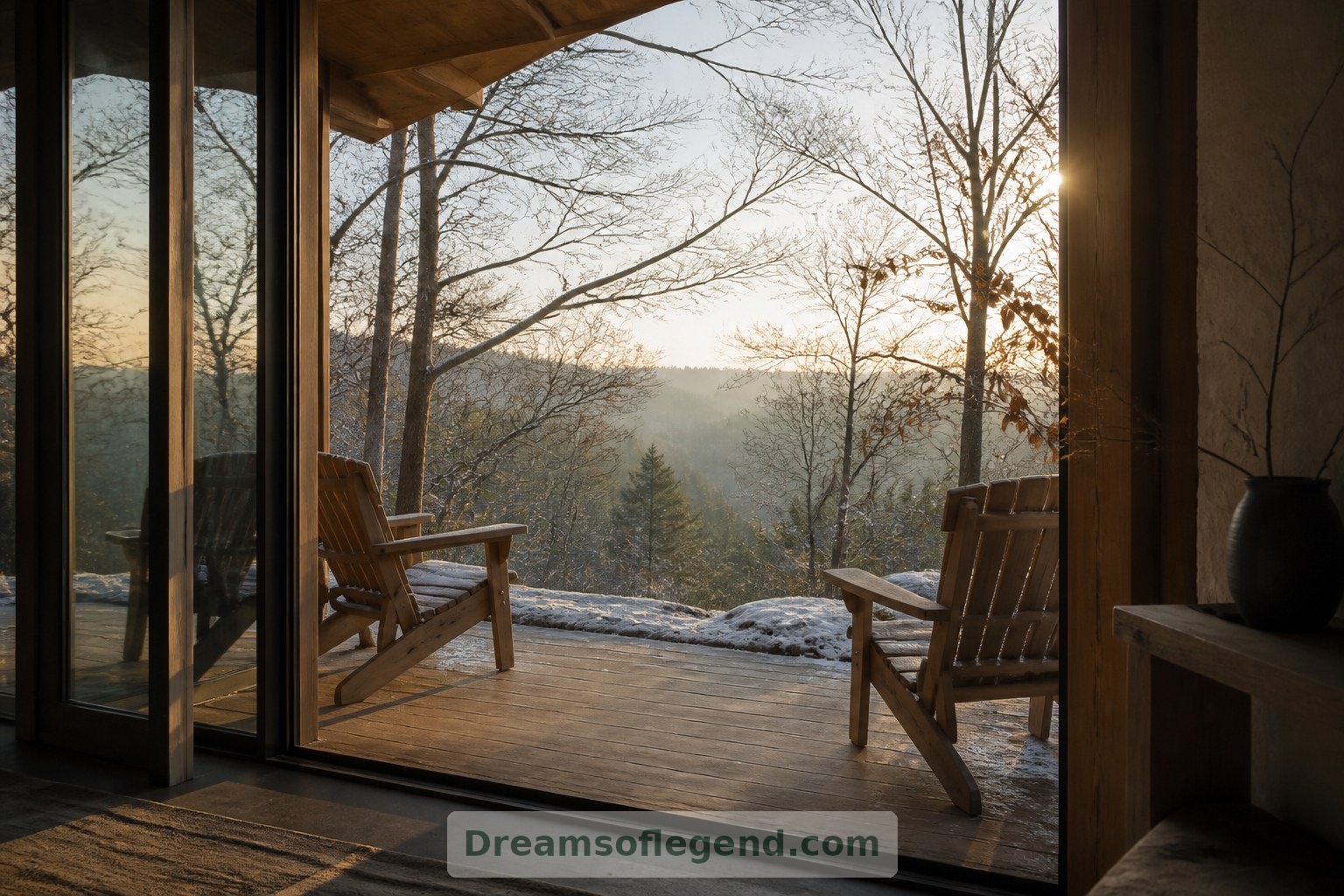 Two chairs and a winter outlook keep the fictional terrace simple and closely connected to the seasons.
