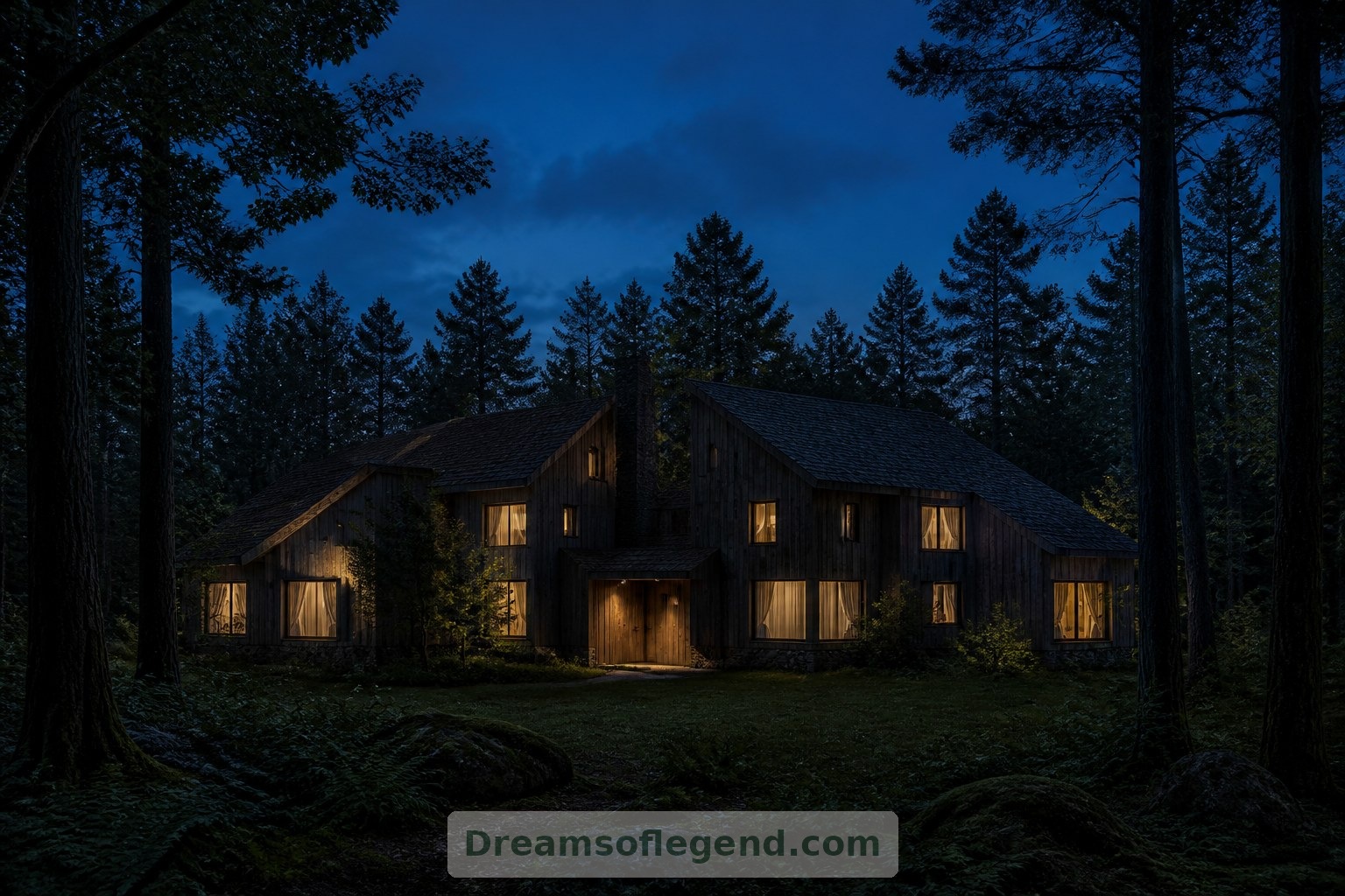 The imagined house at dusk balances transparency with curtained rooms, opaque walls and restrained lighting.
