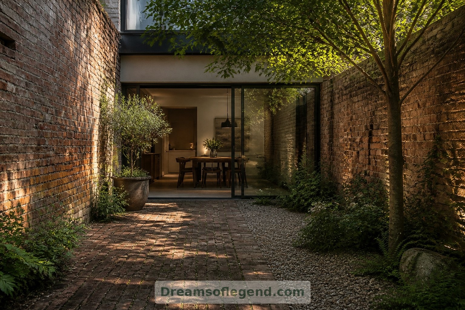 The imagined courtyard introduces planting and an outdoor breakfast spot within the old brick walls.