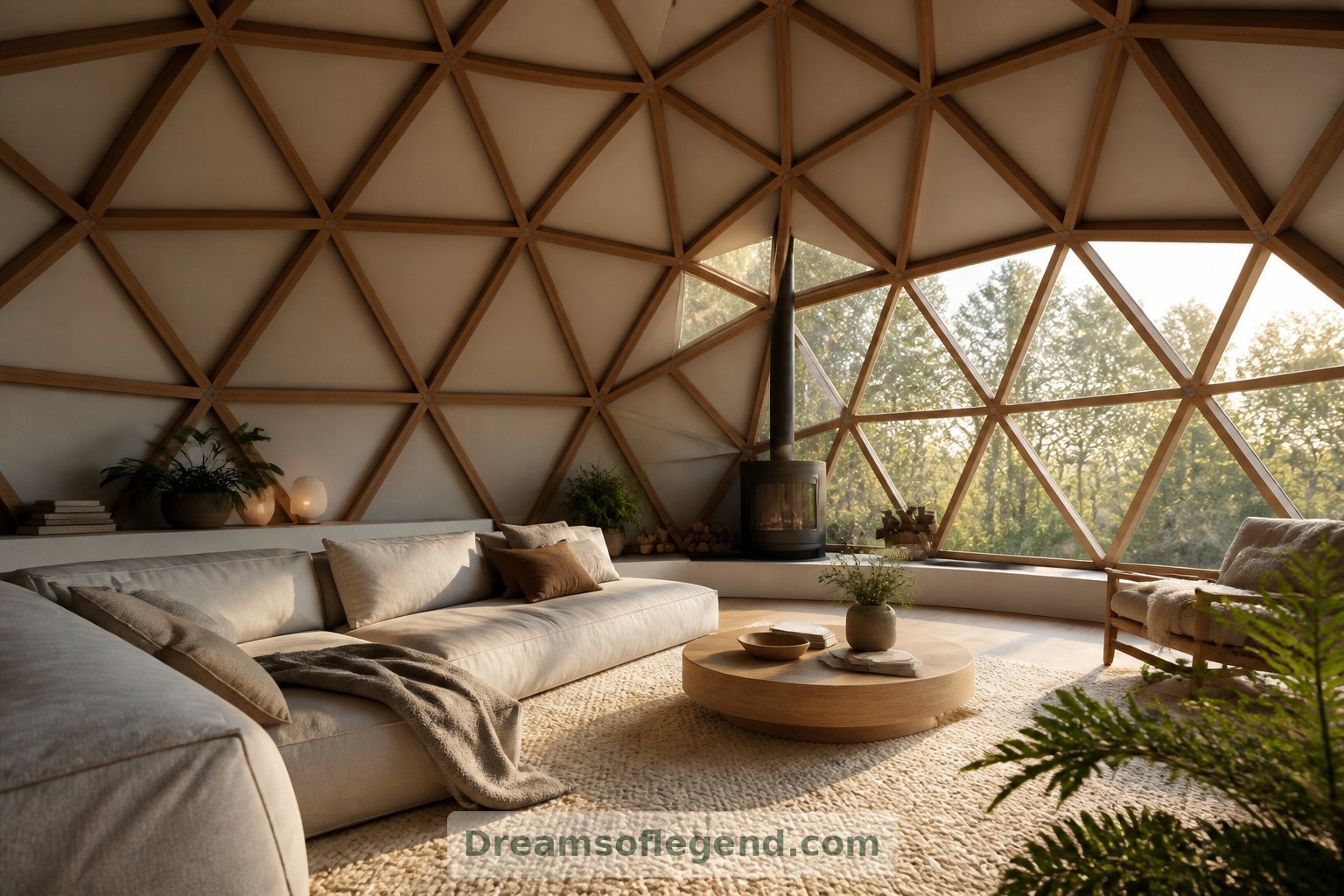 Low furniture and a generous rug bring a human scale to this imagined living room beneath the dome’s crown.