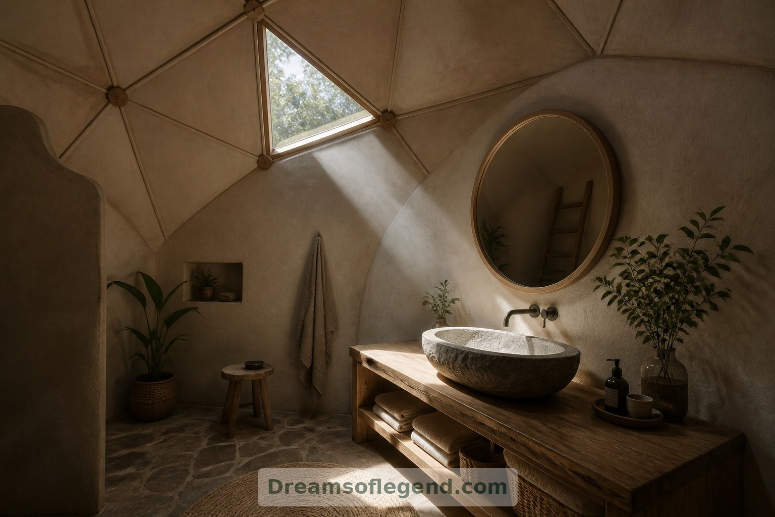 A carefully positioned roof window brings daylight to the stone basin in this conceptual bathroom.