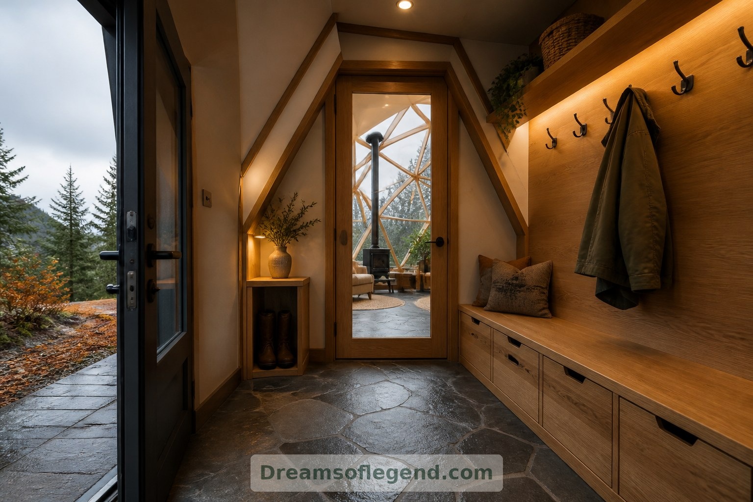 A bench, boot storage and a separate inner door make this fictional entrance useful in everyday weather.
