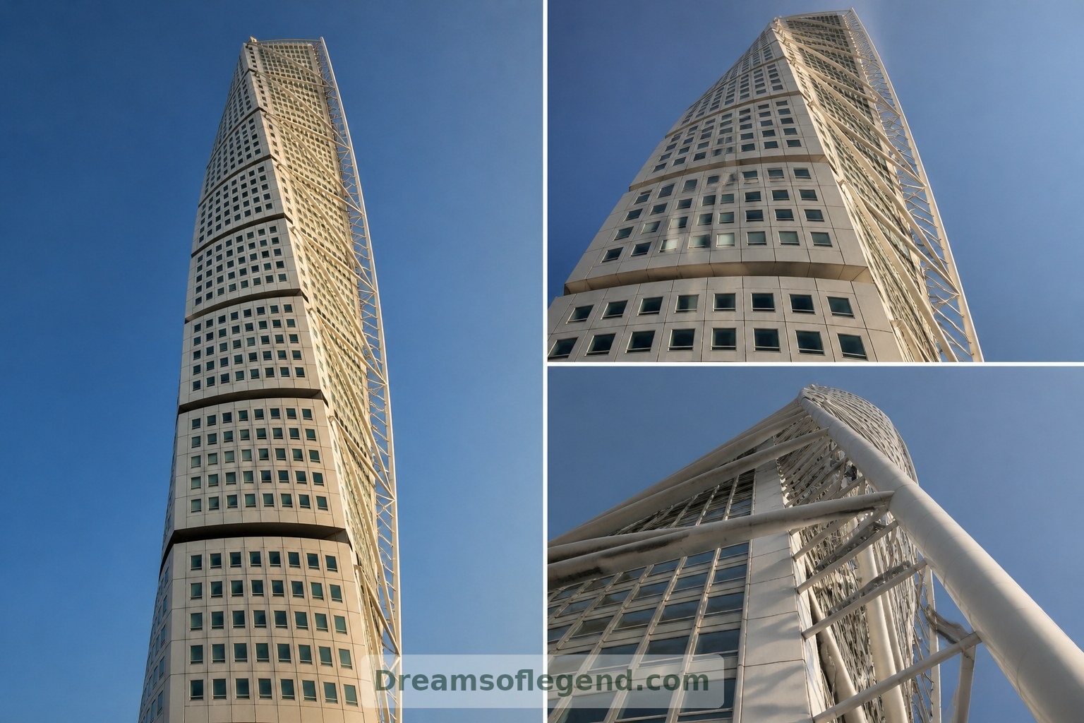 Real building: an upward view emphasizes Turning Torso’s pale facade and external structural framework.