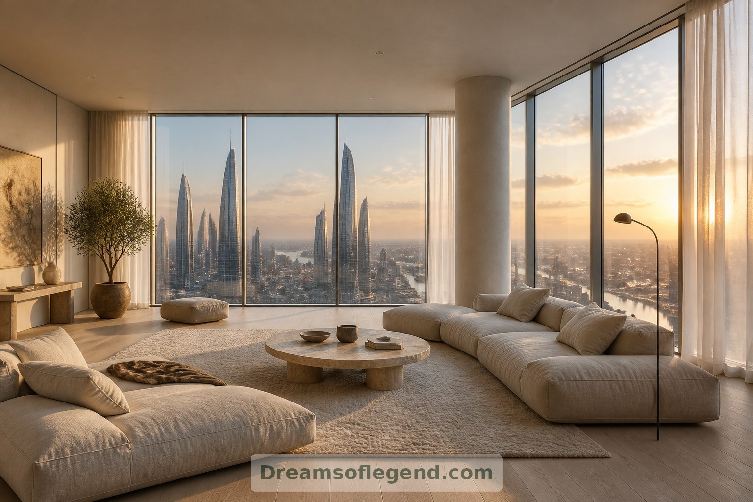 Imagined interior: pale oak, soft textiles and filtered daylight bring warmth to a fictional high-rise living room.