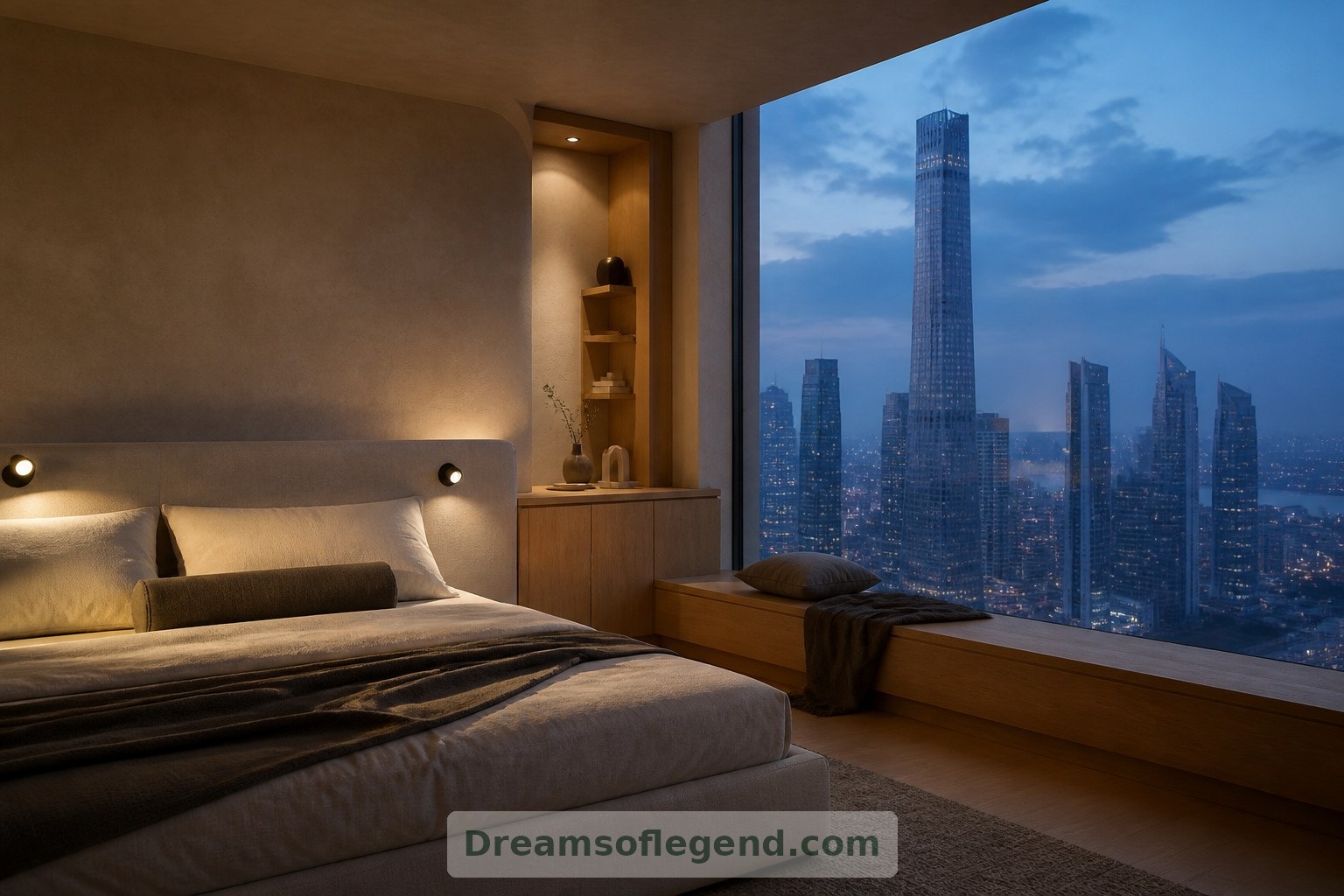 Imagined interior: a quiet bedroom balances expansive views with warm materials and intimate lighting.