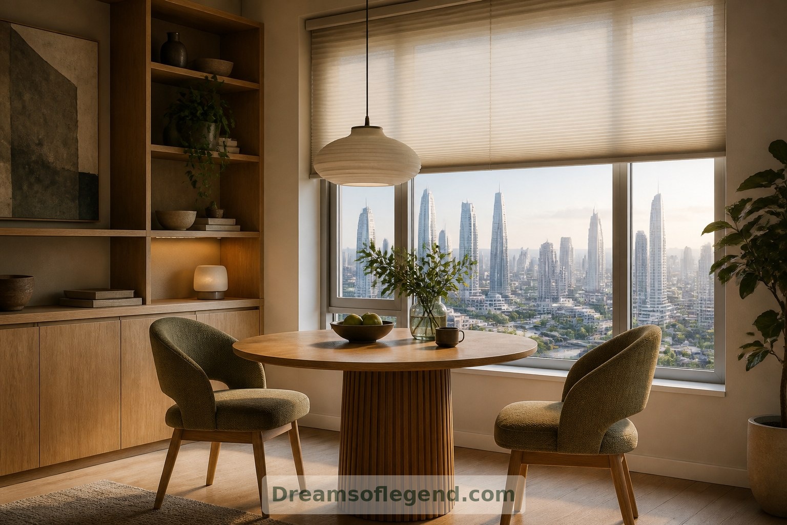 Imagined interior: integrated storage and adjustable shading support comfortable everyday living.
