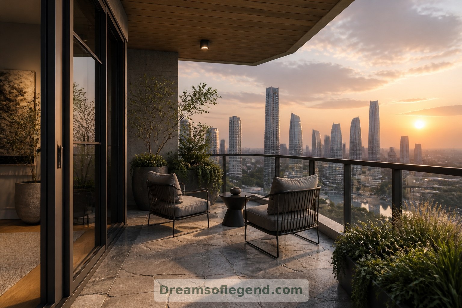 Imagined outdoor space: a sheltered balcony concept considers seating and enclosure; actual wind conditions require building-specific assessment.
