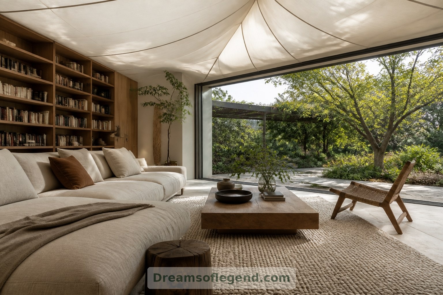 In the imagined living room, familiar furnishings bring warmth and comfort beneath the lightweight roof.