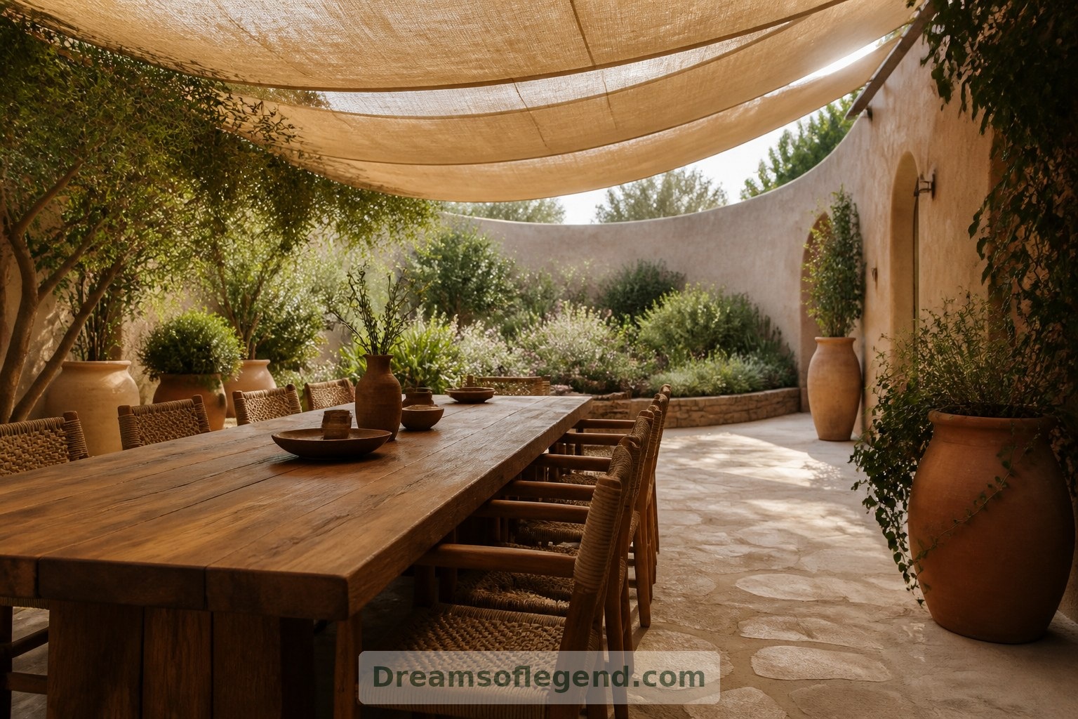 Timber furniture and woven chairs make this imagined shaded courtyard a welcoming place to gather.