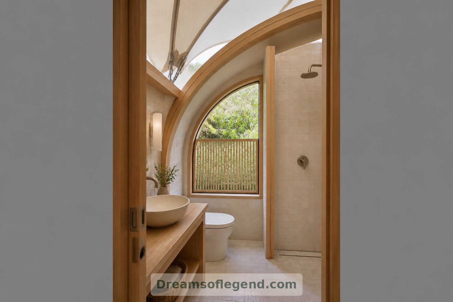 Textured tiles and a screened garden view give the imagined bathroom a quiet, intimate character.