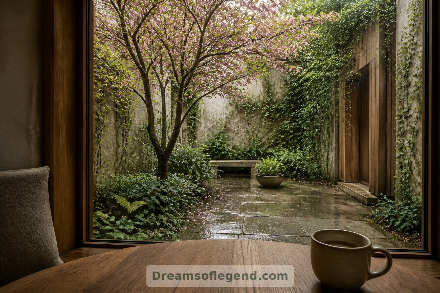 The fictional courtyard is framed from seated eye level, bringing planting and rain-washed paving into the breakfast view.