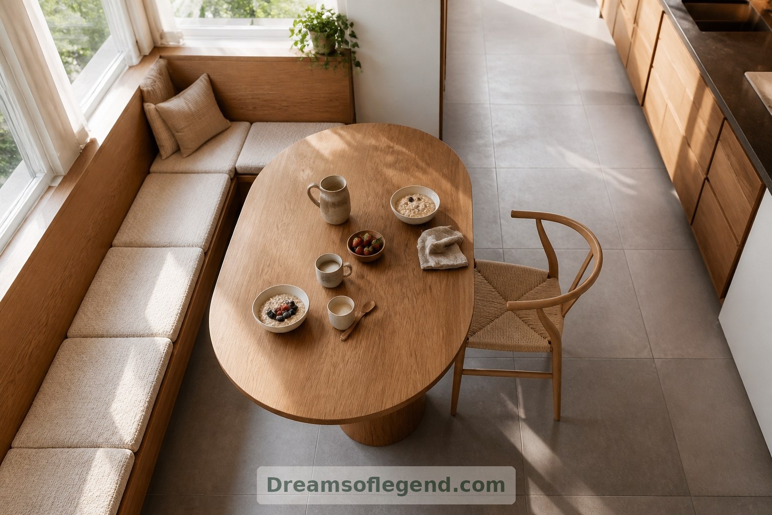 An oval table softens the circulation route, while a freestanding chair offers an alternative to bench seating.
