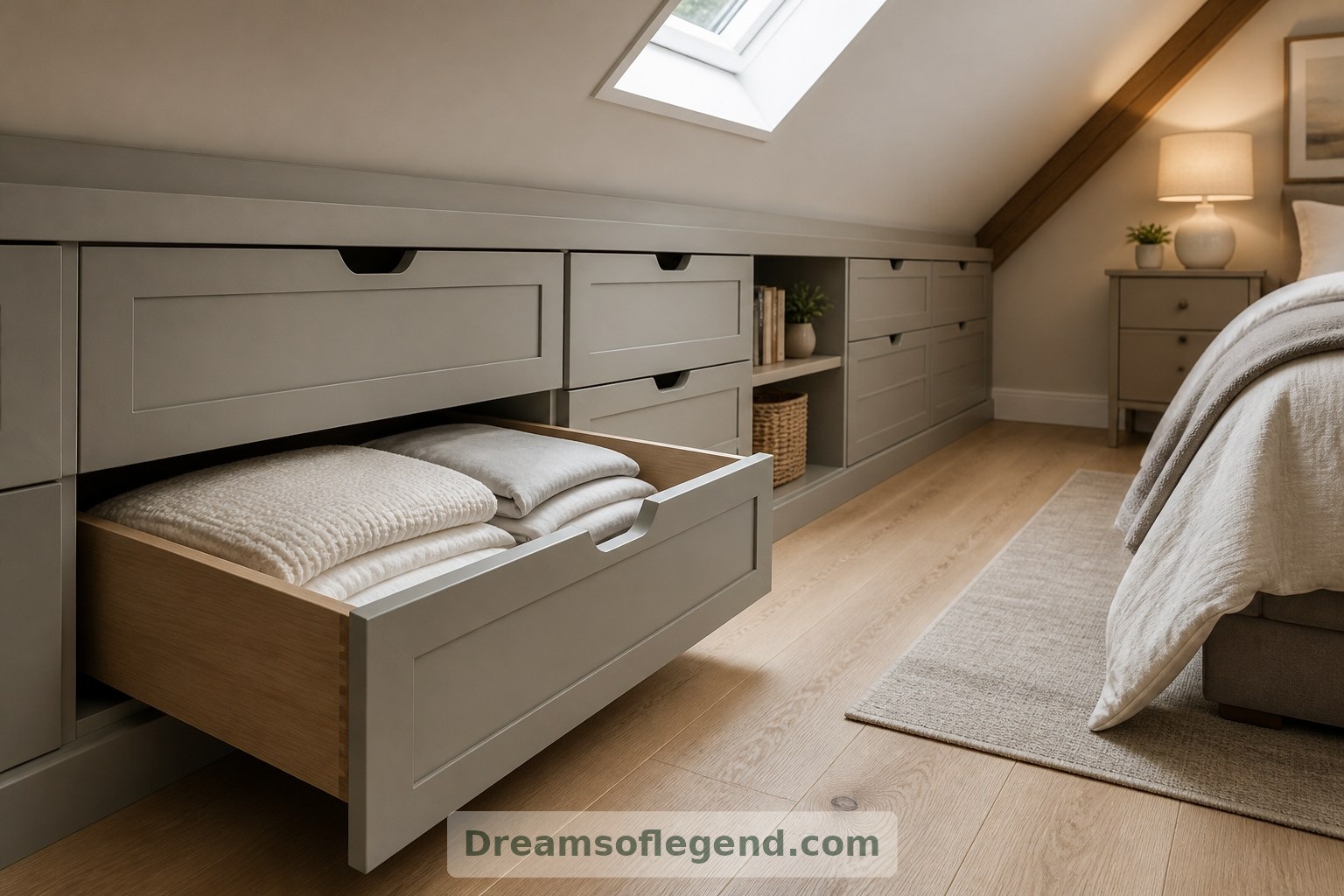 Shallow drawers and a small book niche make low-level storage easier to reach and organise.