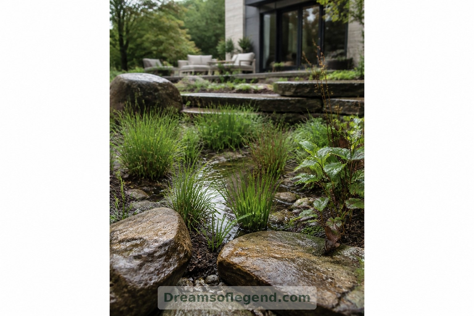 Gentle contours allow the basin to receive stormwater while remaining a planted garden between rains.