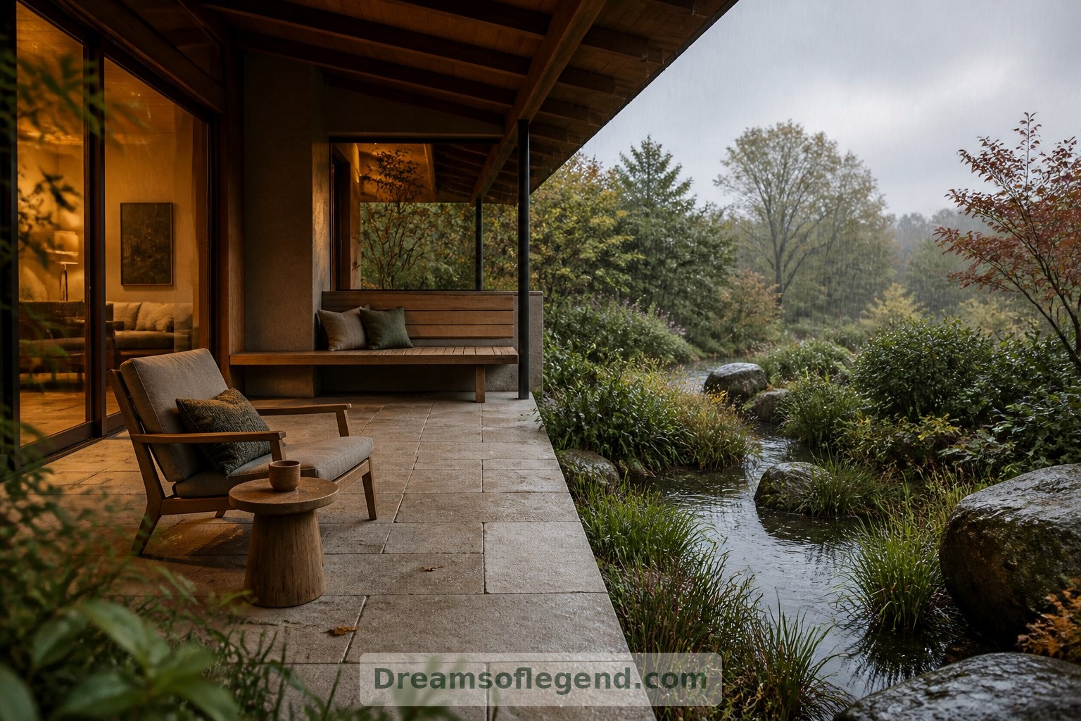 Seating above the temporary water level offers a comfortable place to enjoy passing rain.