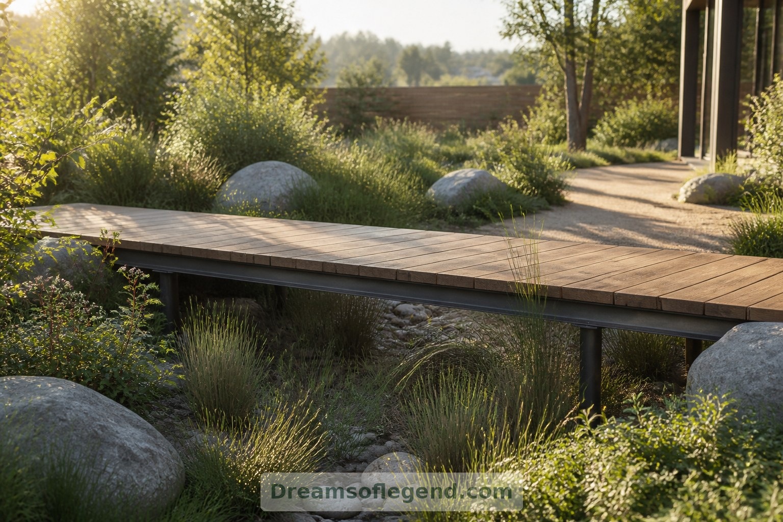 A small footbridge provides a fresh viewpoint without filling the rain garden’s depression.